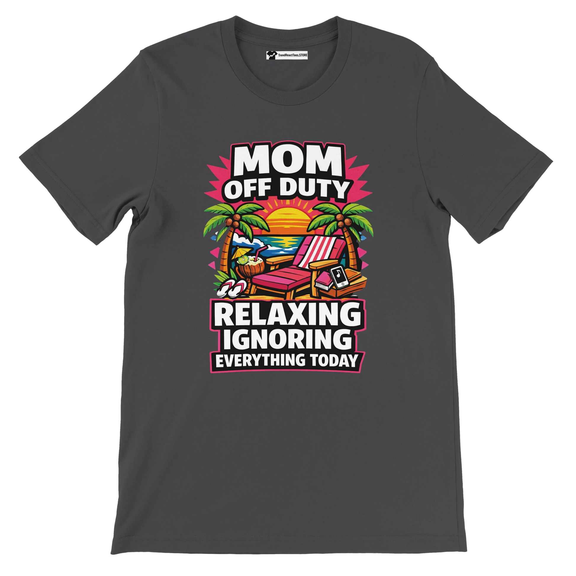 Grey tee with 'Mom Off Duty' quote, tropical beach chair, sunset, palm trees graphic.