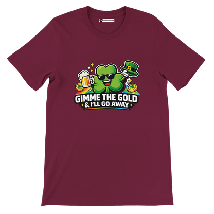 Maroon St. Patrick’s Day tee with shamrock, beer, gold coins, and 'Gimme the Gold & I’ll Go Away' text