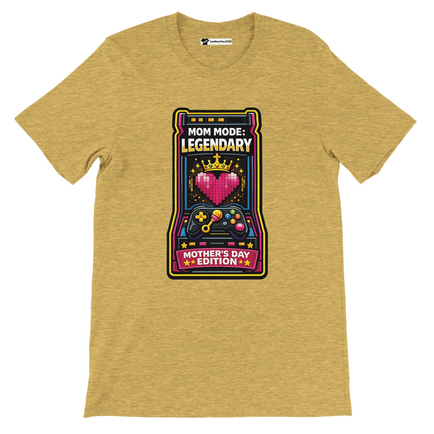 Yellow t-shirt with gaming-themed Mother's Day graphic, pixel heart and controller, 'Mom Mode: Legendary' text.