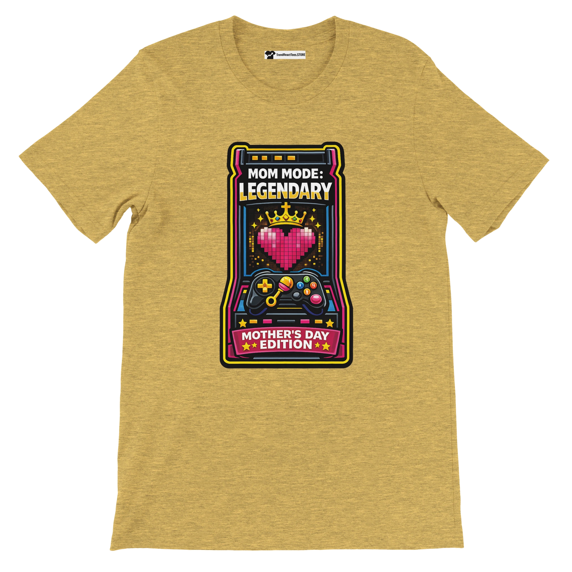 Yellow t-shirt with gaming-themed Mother's Day graphic, pixel heart and controller, 'Mom Mode: Legendary' text.