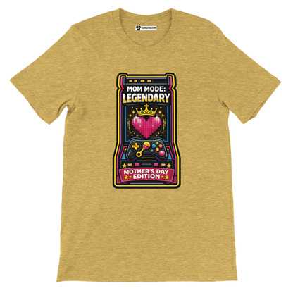 Yellow t-shirt with gaming-themed Mother's Day graphic, pixel heart and controller, 'Mom Mode: Legendary' text.