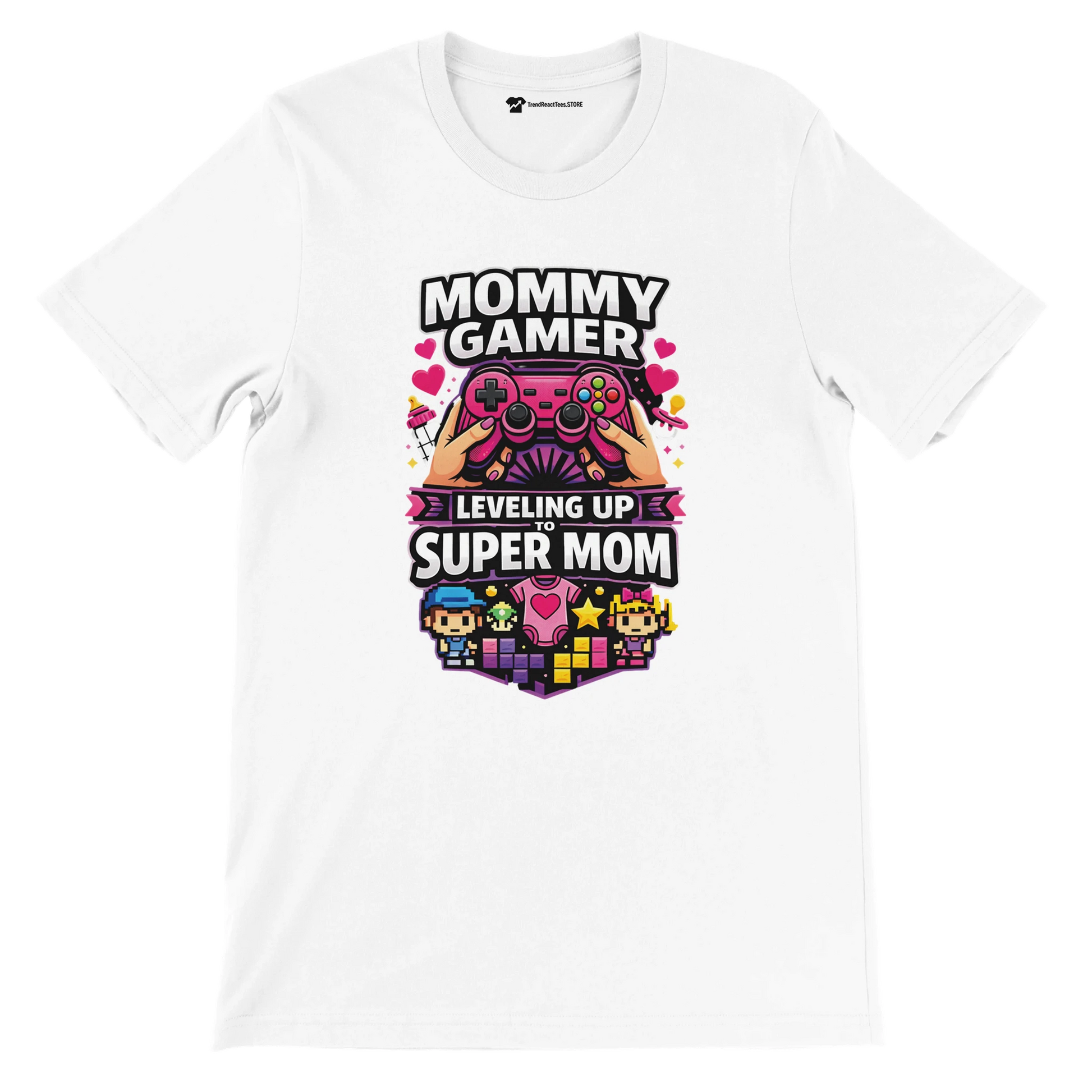 White t-shirt with Mommy Gamer Leveling Up to Super Mom retro gaming and anime design