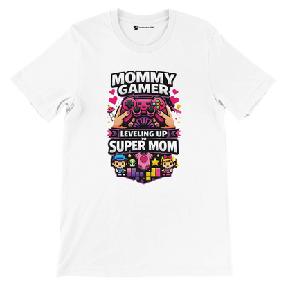 White t-shirt with Mommy Gamer Leveling Up to Super Mom retro gaming and anime design