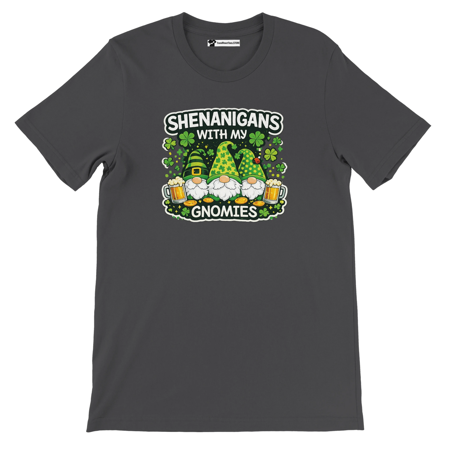 Shenanigans with My Gnomies St. Patrick's Day tee featuring gnomes, shamrocks, and beer mugs on dark gray shirt