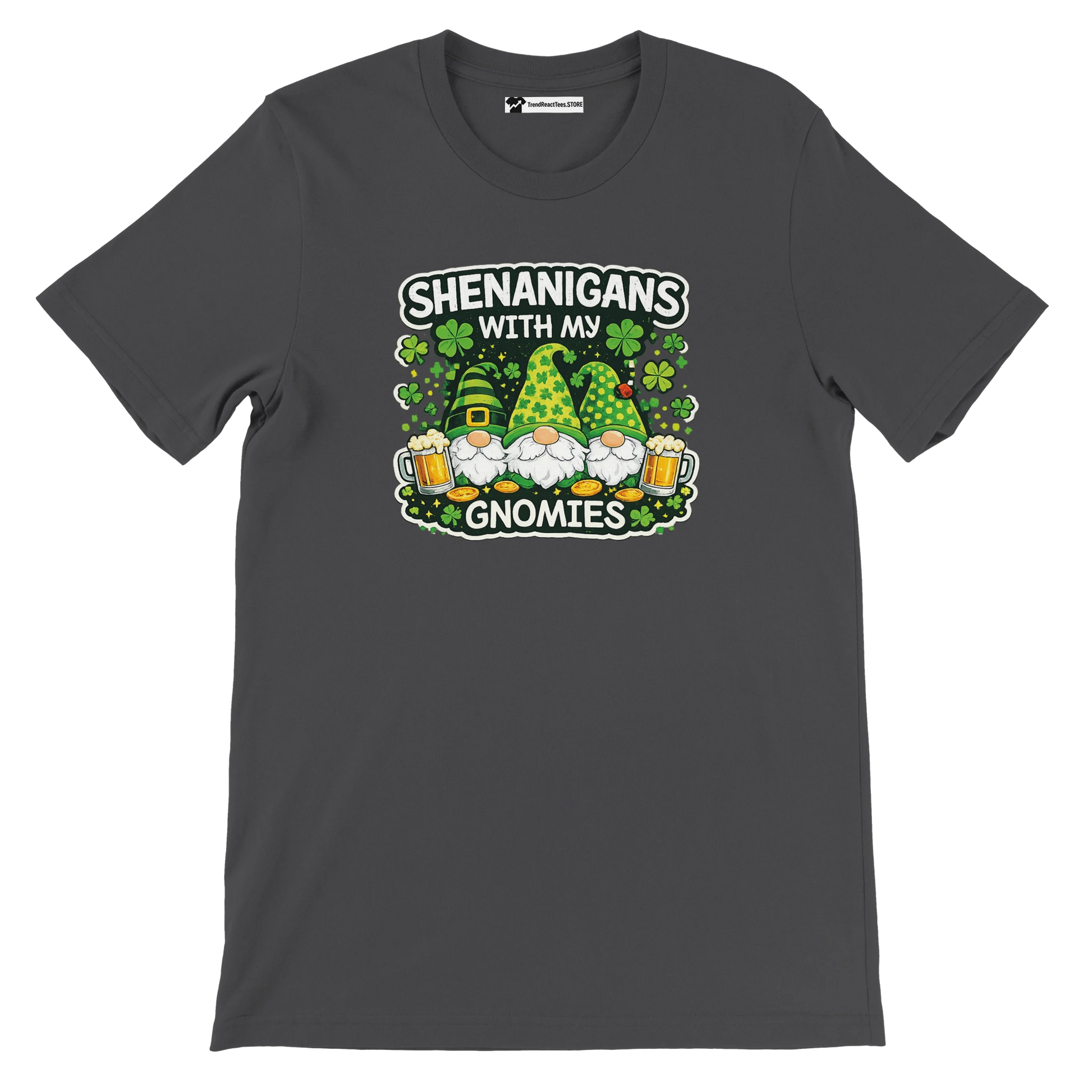 Shenanigans with My Gnomies St. Patrick's Day tee featuring gnomes, shamrocks, and beer mugs on dark gray shirt