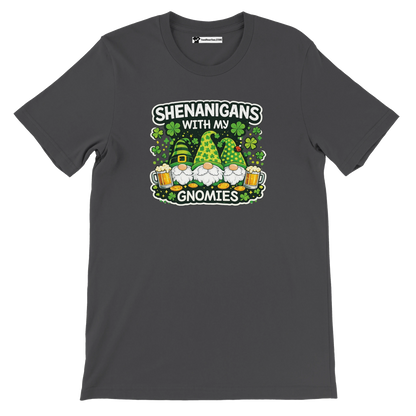 Shenanigans with My Gnomies St. Patrick's Day tee featuring gnomes, shamrocks, and beer mugs on dark gray shirt