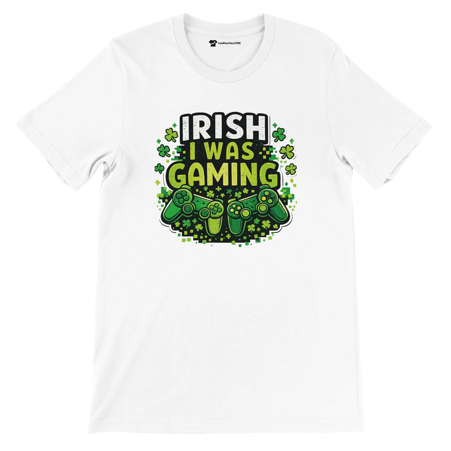 Irish I Was Gaming t-shirt with shamrocks and controllers, perfect for St. Patrick's Day gamers