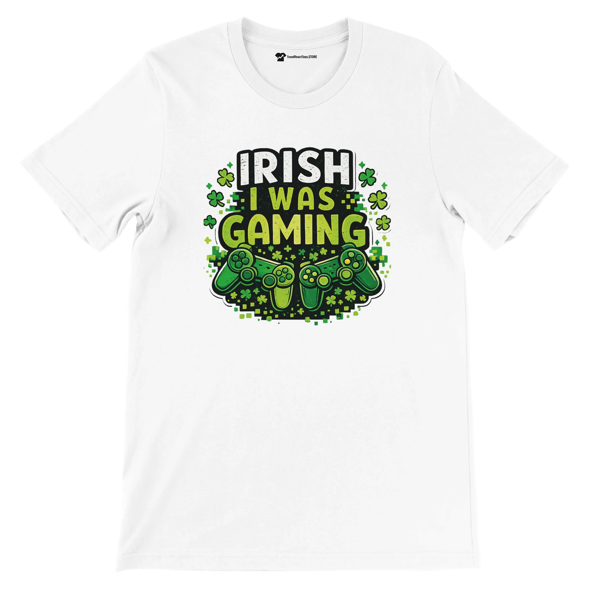 Irish I Was Gaming t-shirt with shamrocks and controllers, perfect for St. Patrick's Day gamers