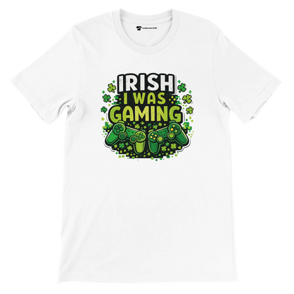 Irish I Was Gaming t-shirt with shamrocks and controllers, perfect for St. Patrick's Day gamers