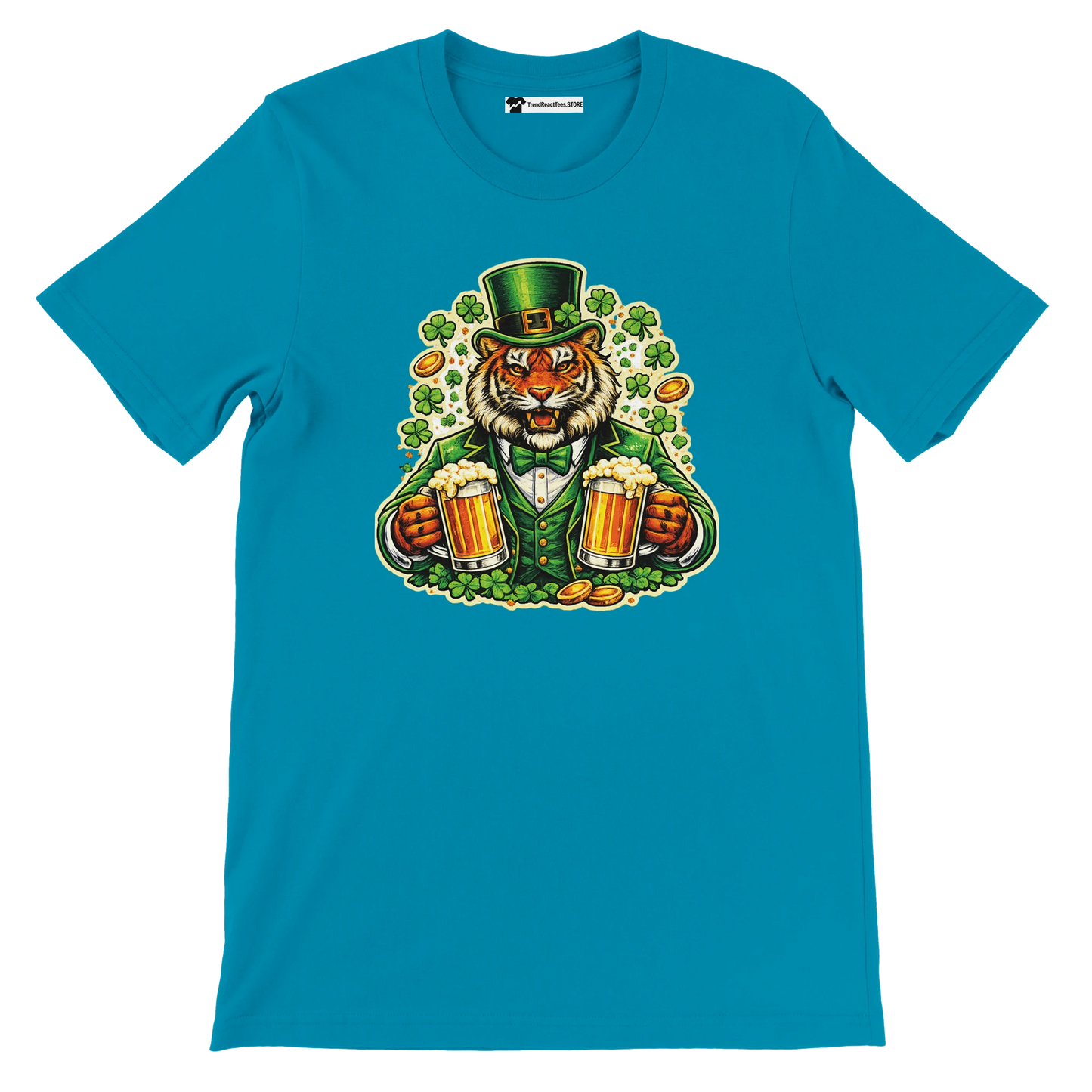 Blue t-shirt with a festive tiger in a green hat holding beer mugs, clovers and gold coins