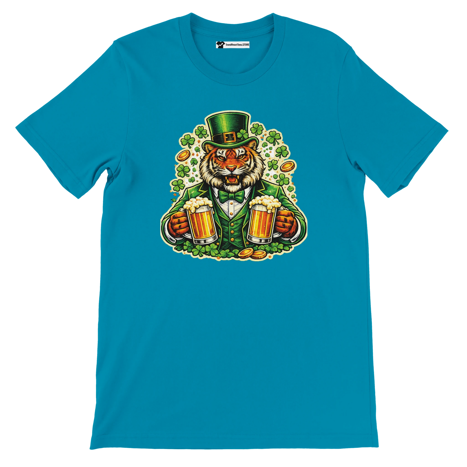 Blue t-shirt with a festive tiger in a green hat holding beer mugs, clovers and gold coins