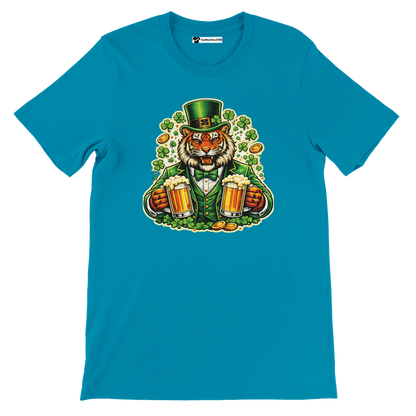 Blue t-shirt with a festive tiger in a green hat holding beer mugs, clovers and gold coins