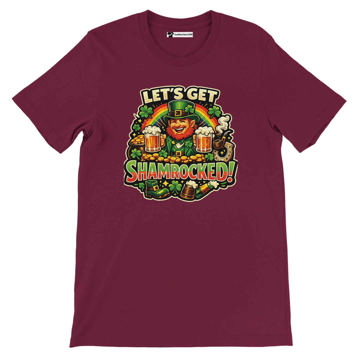 Maroon St. Patrick's Day tee with leprechaun, shamrocks, beer, and 'Let's Get Shamrocked!' graphic for festive holiday wear