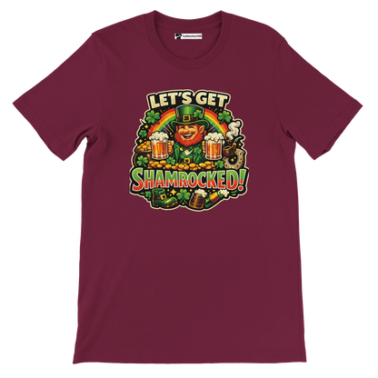 Maroon St. Patrick's Day tee with leprechaun, shamrocks, beer, and 'Let's Get Shamrocked!' graphic for festive holiday wear