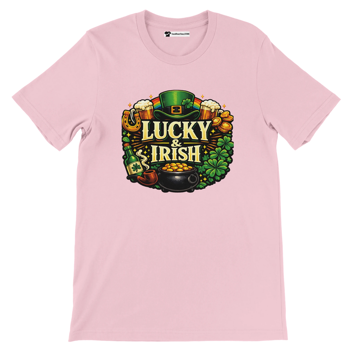 Pink T-shirt with 'Lucky & Irish' graphic, leprechaun hat, shamrocks, and pot of gold.
