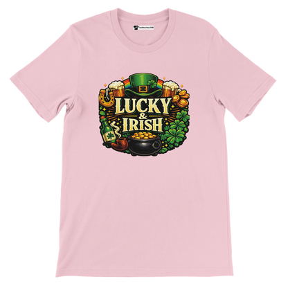 Pink T-shirt with 'Lucky & Irish' graphic, leprechaun hat, shamrocks, and pot of gold.