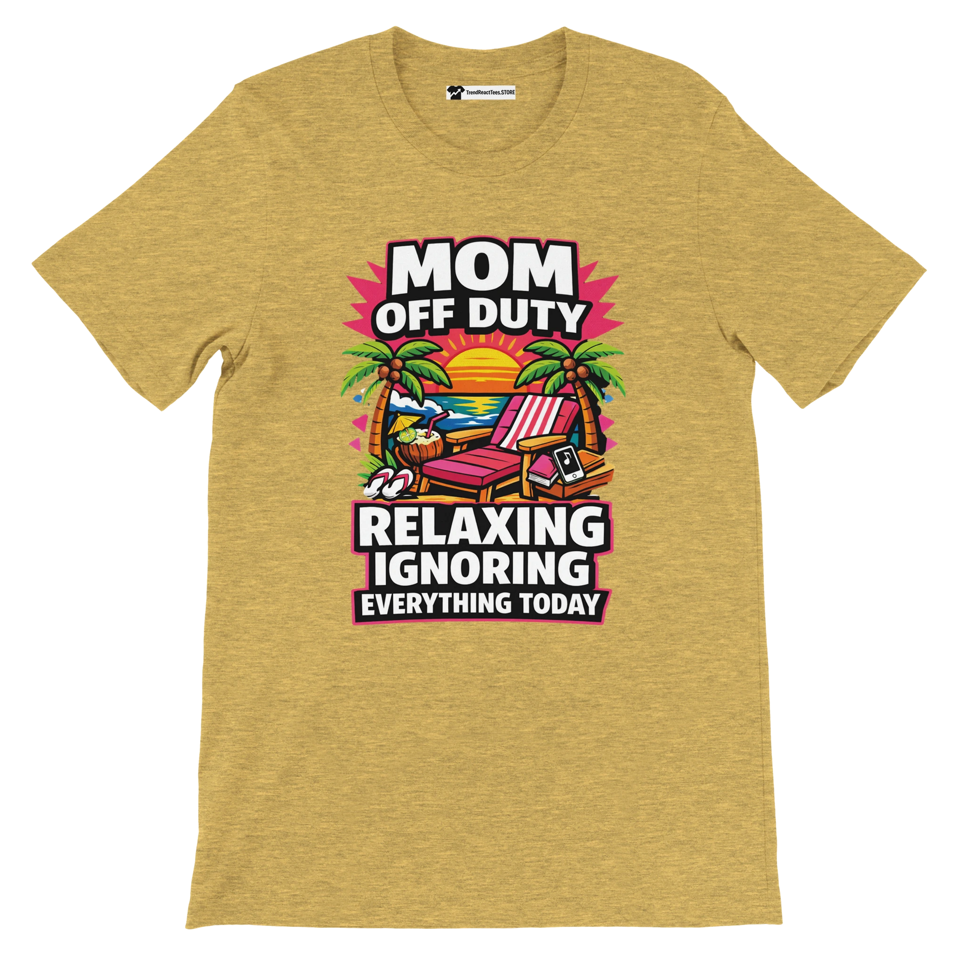 Yellow t-shirt with 'Mom Off Duty' quote, beach chair, palm trees, sunset graphic.