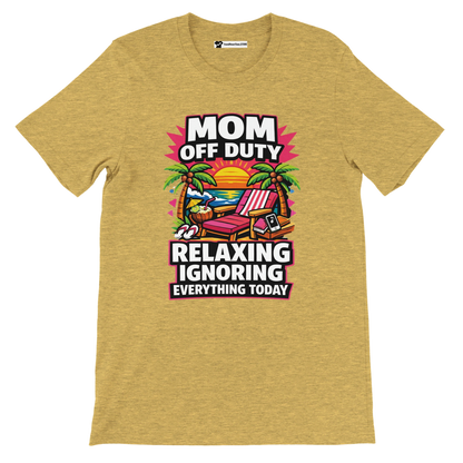 Yellow t-shirt with 'Mom Off Duty' quote, beach chair, palm trees, sunset graphic.