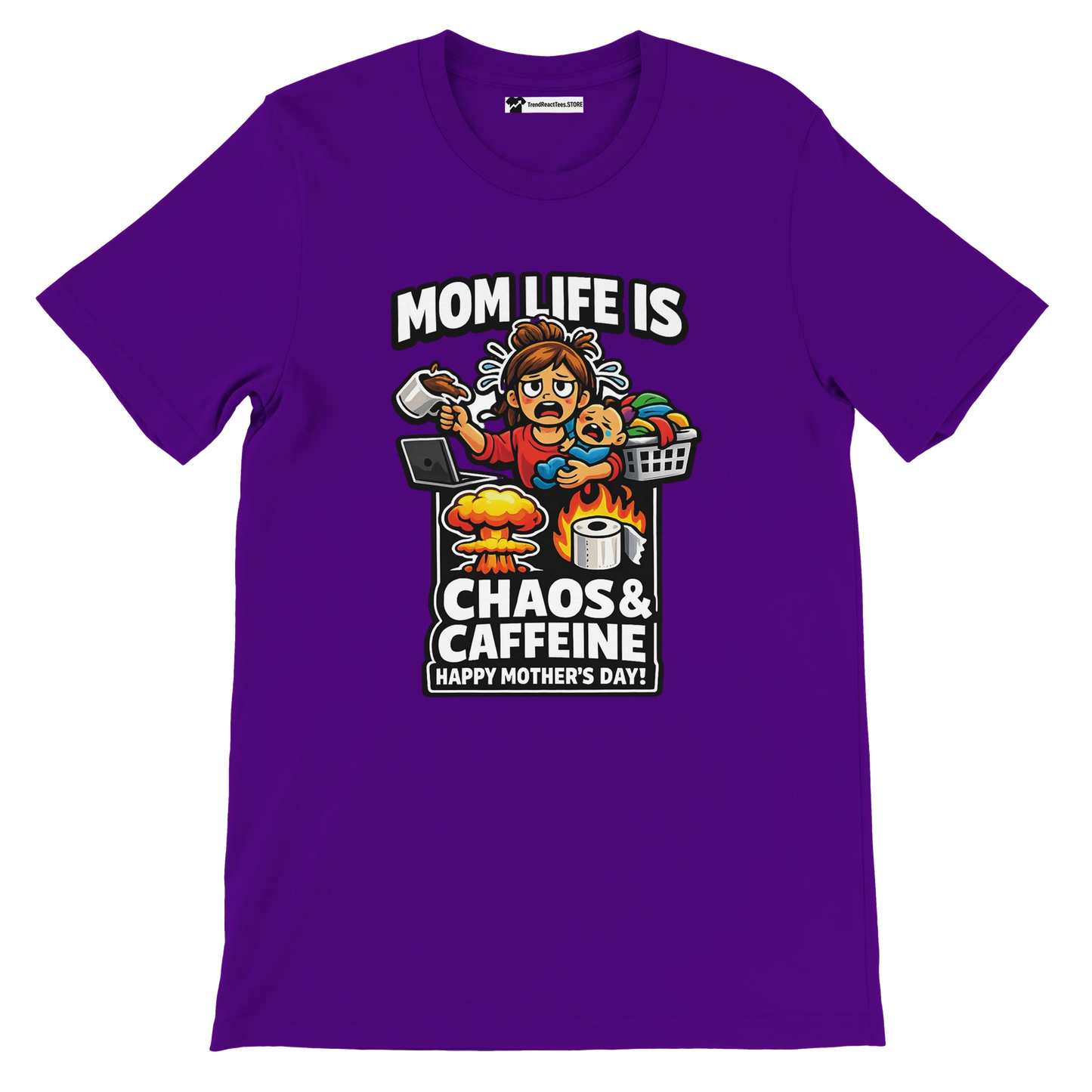 Purple Mother's Day t-shirt with cartoon mom, child, coffee, chaos and 'Mom Life is Chaos & Caffeine' quote.