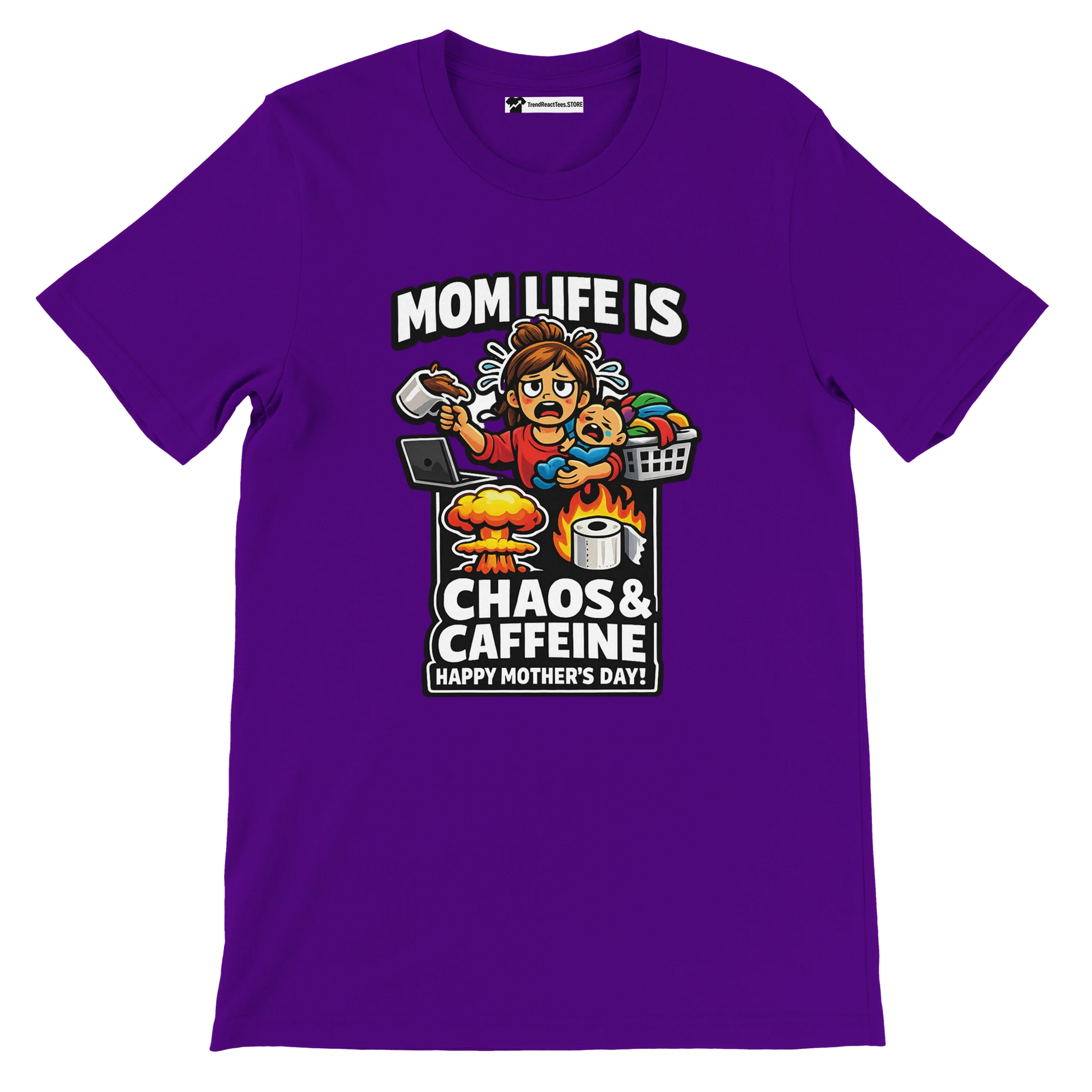 Purple Mother's Day t-shirt with cartoon mom, child, coffee, chaos and 'Mom Life is Chaos & Caffeine' quote.