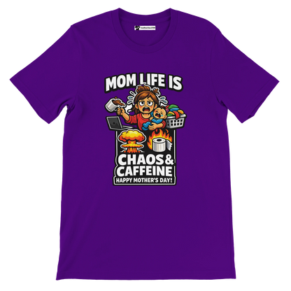 Purple Mother's Day t-shirt with cartoon mom, child, coffee, chaos and 'Mom Life is Chaos & Caffeine' quote.