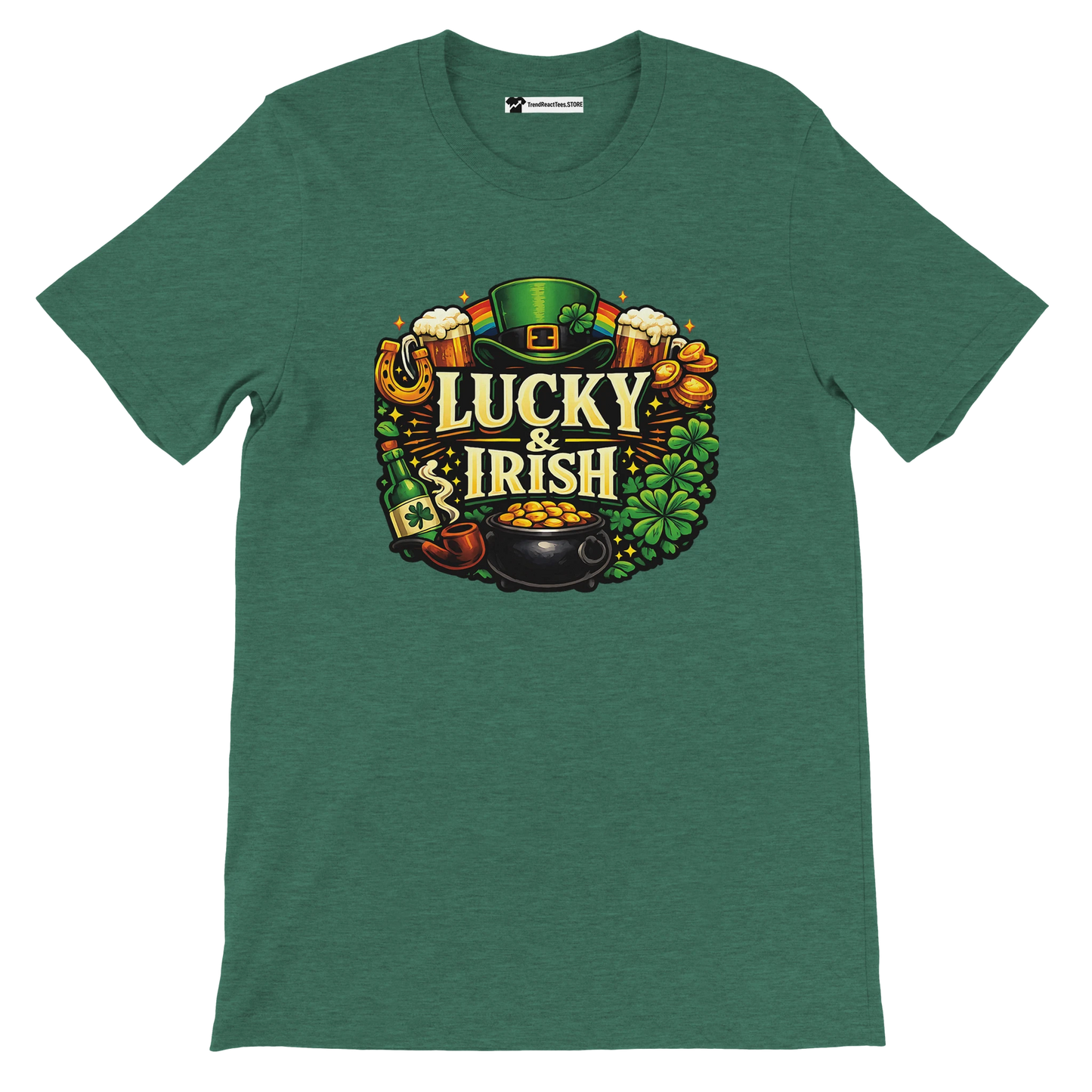 Green t-shirt with Lucky & Irish graphic, leprechaun hat, shamrocks, and pot of gold