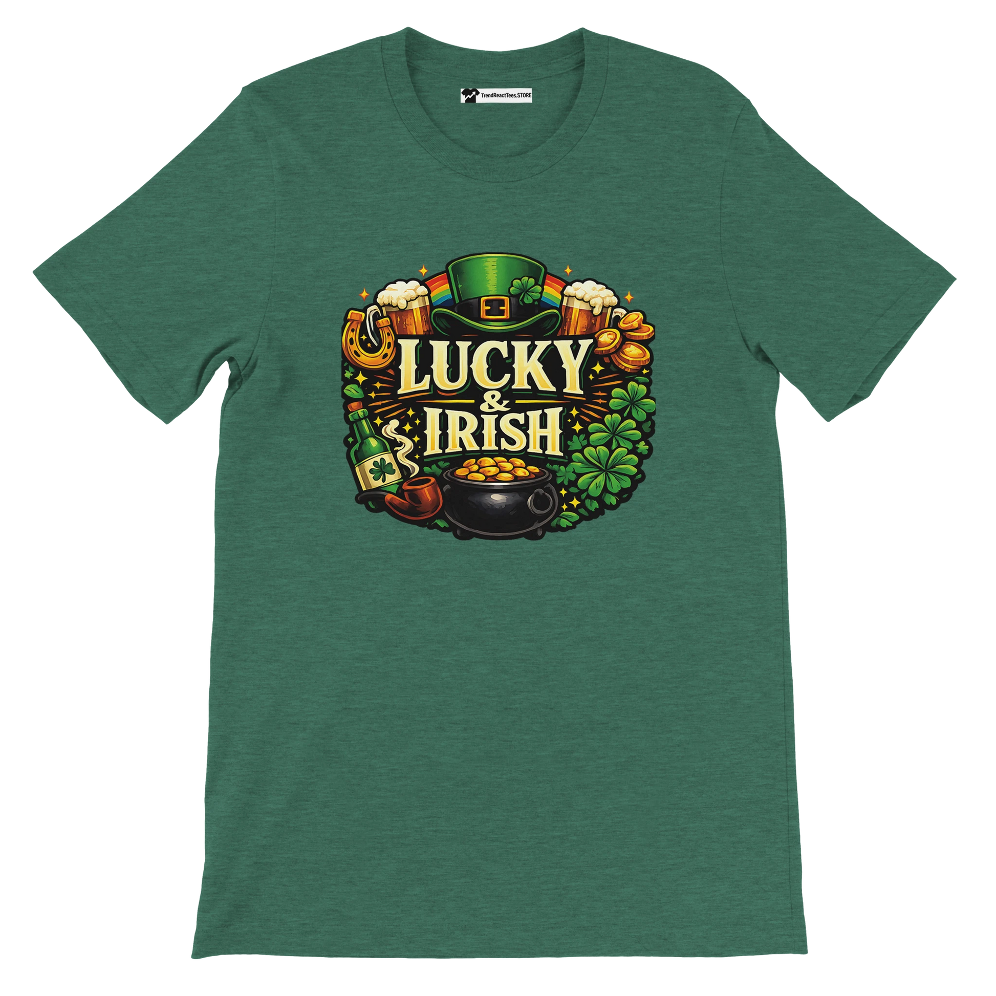 Green t-shirt with Lucky & Irish graphic, leprechaun hat, shamrocks, and pot of gold