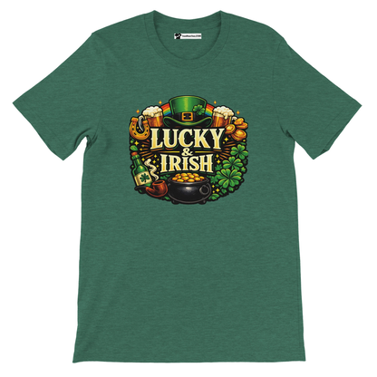 Green t-shirt with Lucky & Irish graphic, leprechaun hat, shamrocks, and pot of gold