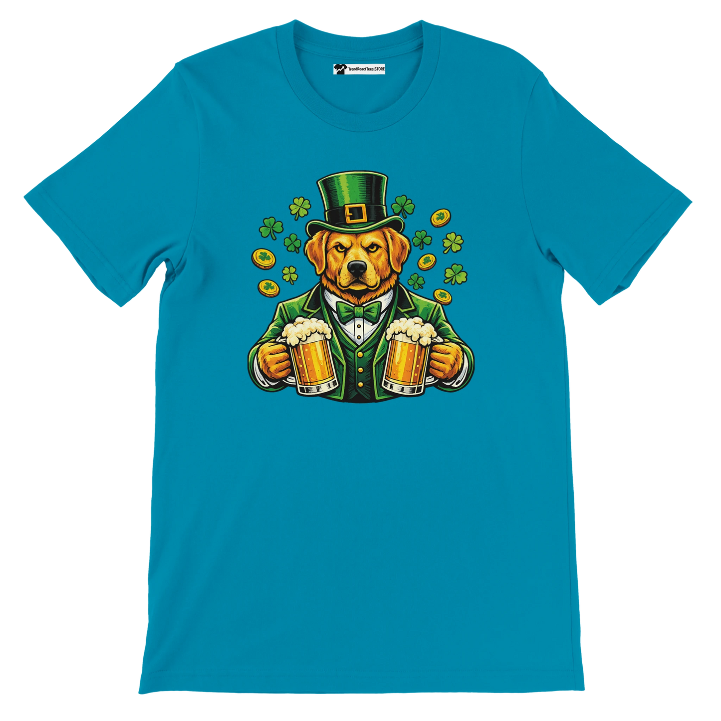 Dog in green suit and hat holding beer mugs with shamrocks and coins, St. Patrick's Day tee