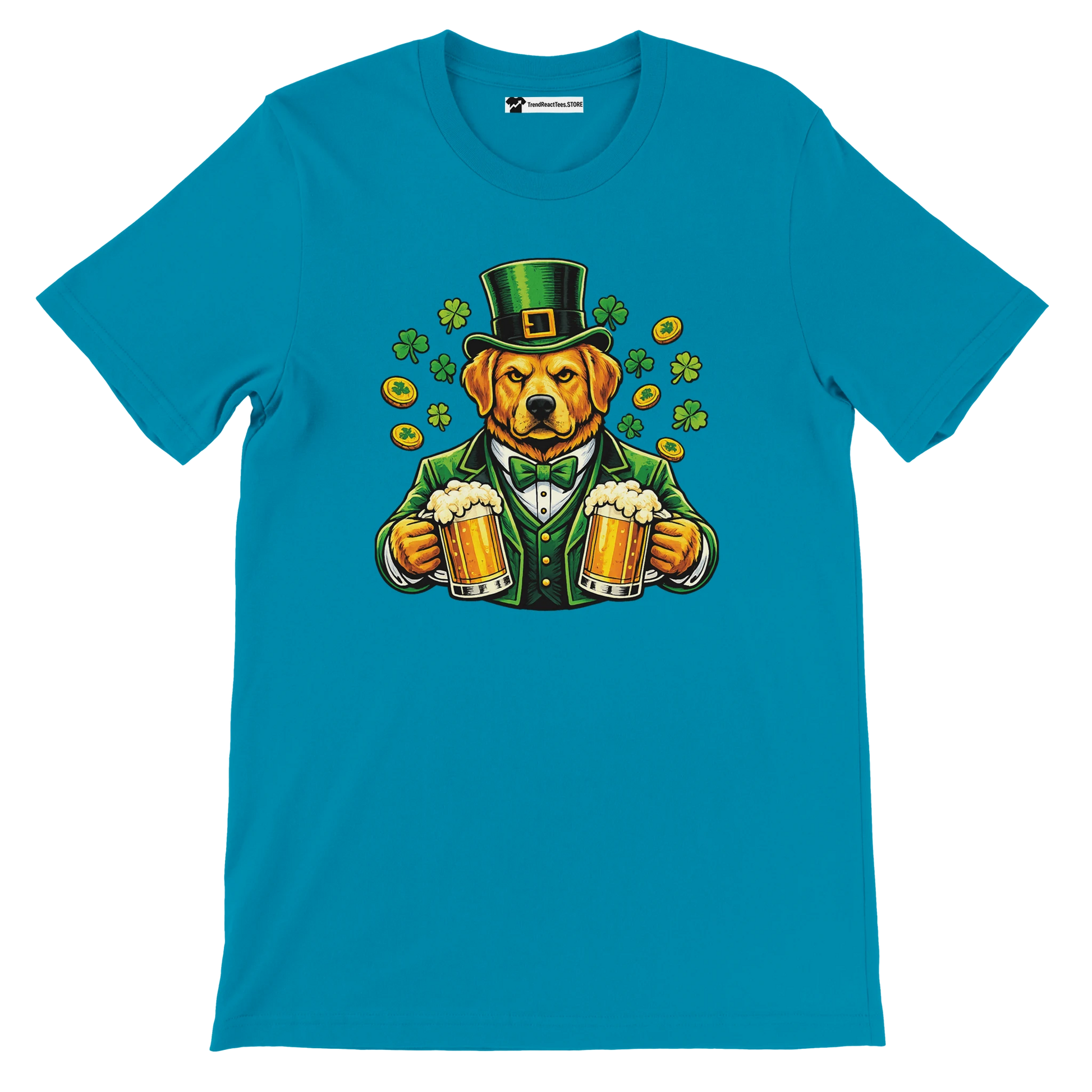 Dog in green suit and hat holding beer mugs with shamrocks and coins, St. Patrick's Day tee