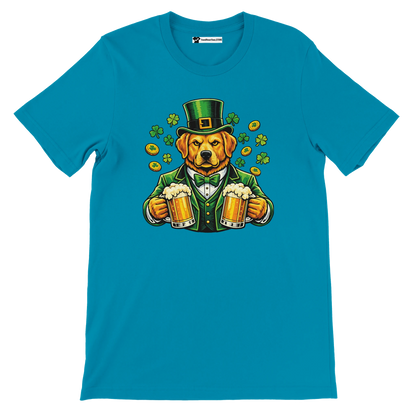 Dog in green suit and hat holding beer mugs with shamrocks and coins, St. Patrick's Day tee