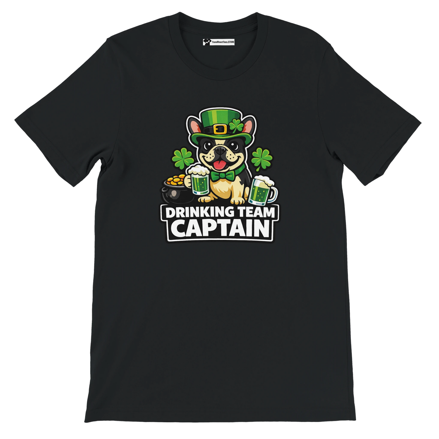 Black St. Patrick's Day tee with bulldog in green hat holding beer, 'Drinking Team Captain' text, shamrocks, gold coins.