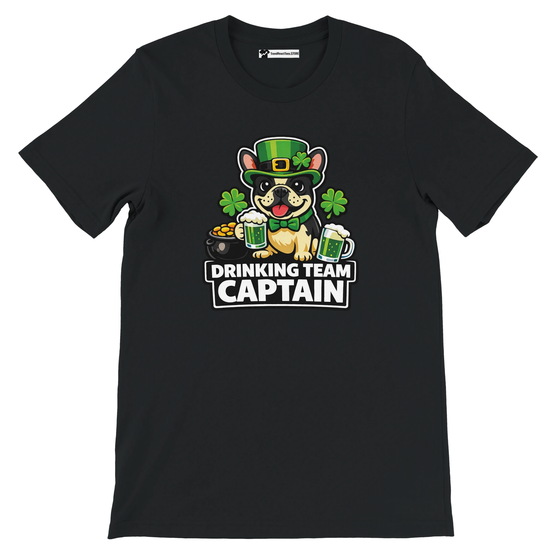 Black St. Patrick's Day tee with bulldog in green hat holding beer, 'Drinking Team Captain' text, shamrocks, gold coins.