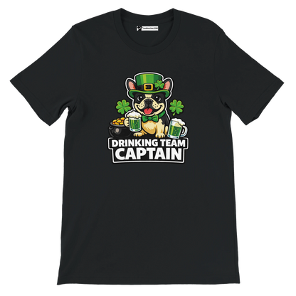 Black St. Patrick's Day tee with bulldog in green hat holding beer, 'Drinking Team Captain' text, shamrocks, gold coins.