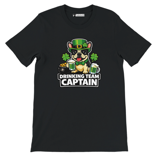 Black St. Patrick's Day tee with bulldog in green hat holding beer, 'Drinking Team Captain' text, shamrocks, gold coins.