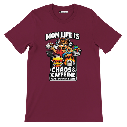 Burgundy tee with cartoon mom juggling coffee, baby, laundry and chaos, quote for Mother's Day