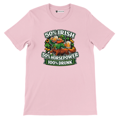 Pink St. Patrick's Day tee with leprechaun on horse, '50% Irish, 50% Horsepower, 100% Drunk' graphic