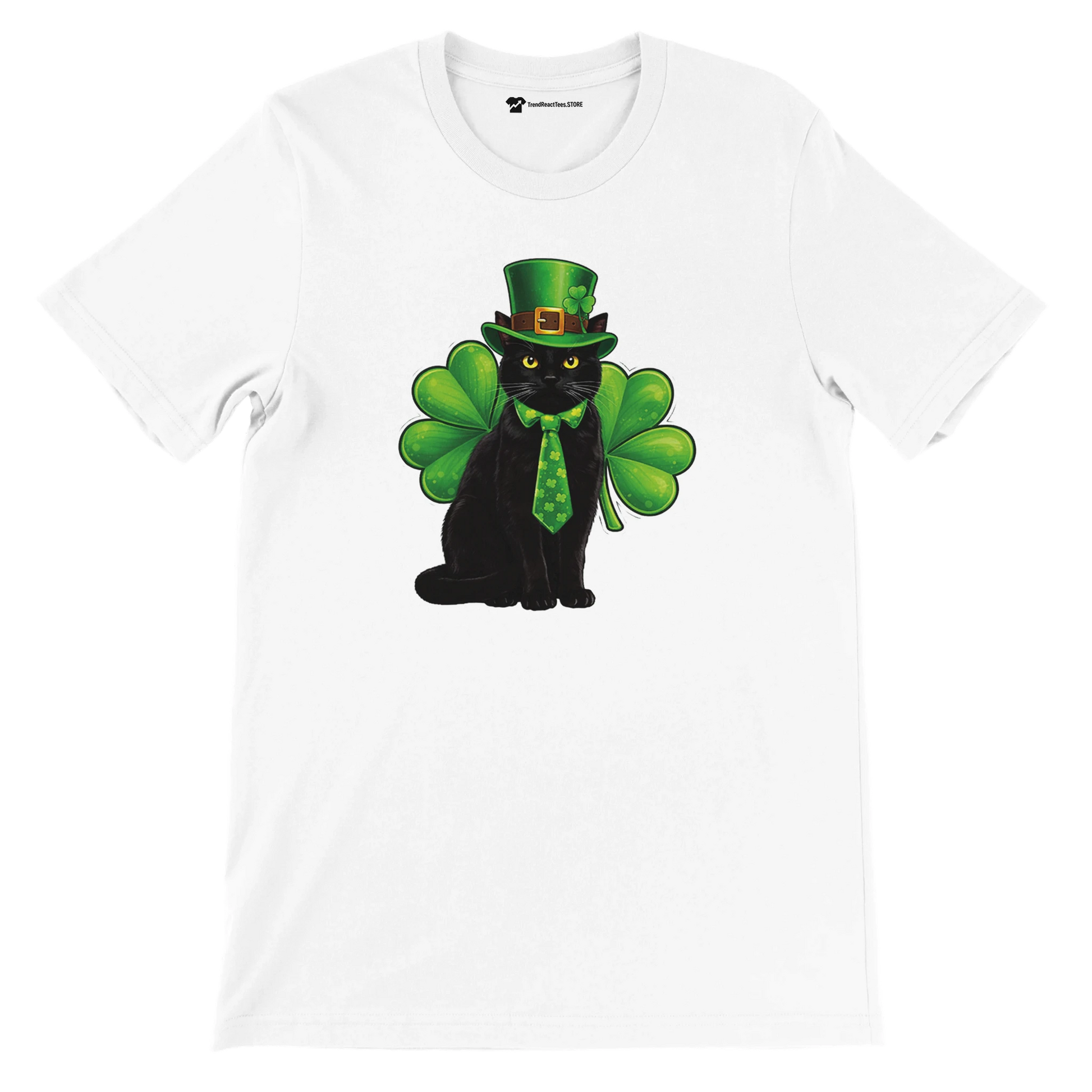 White t-shirt with black cat wearing green leprechaun hat, tie, and shamrock wings