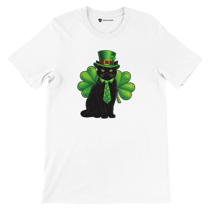 White t-shirt with black cat wearing green leprechaun hat, tie, and shamrock wings