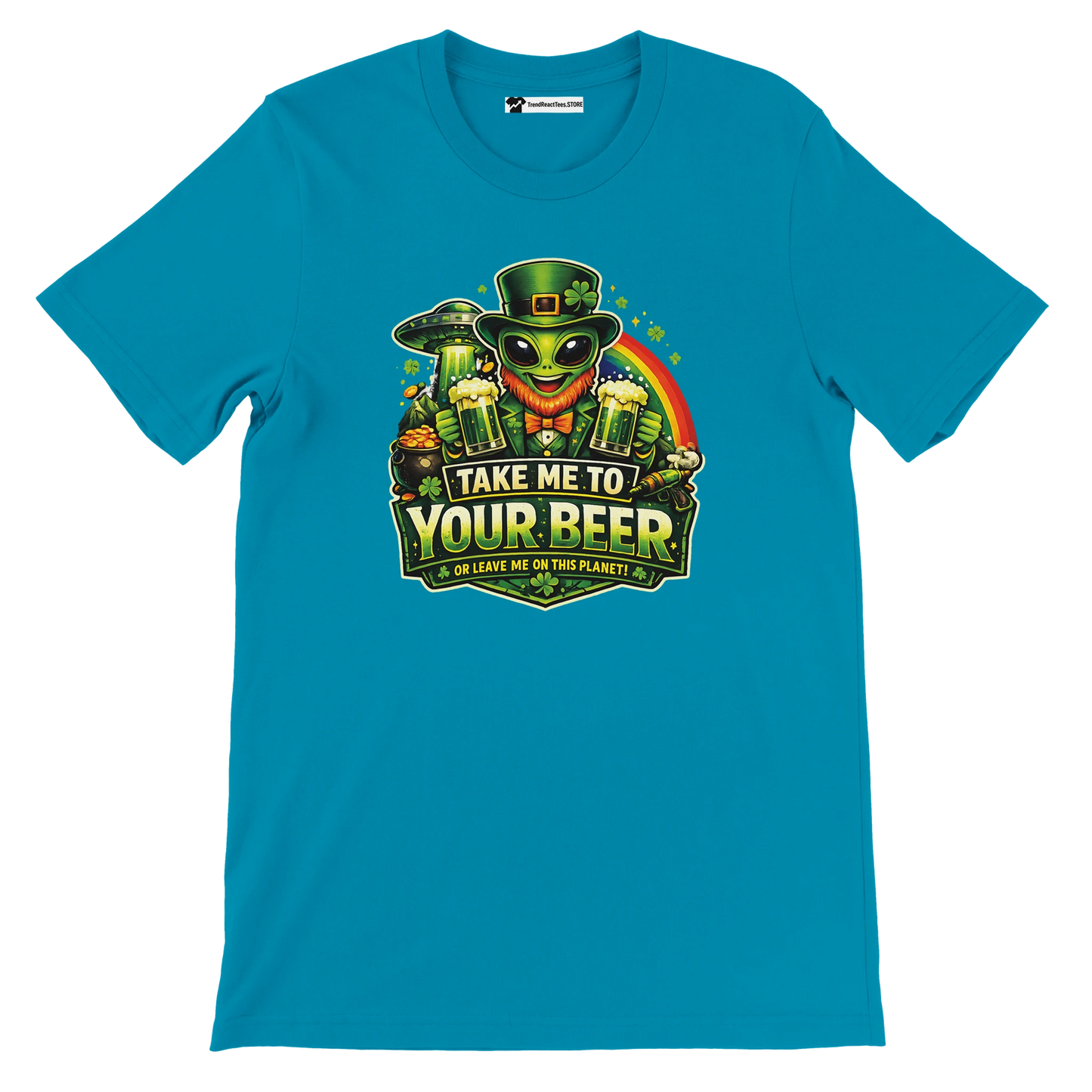 Alien leprechaun holding beer with 'Take Me To Your Beer' text, St. Patrick's Day tee design
