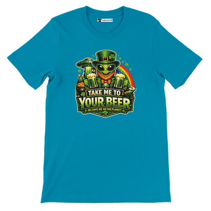 Alien leprechaun holding beer with 'Take Me To Your Beer' text, St. Patrick's Day tee design