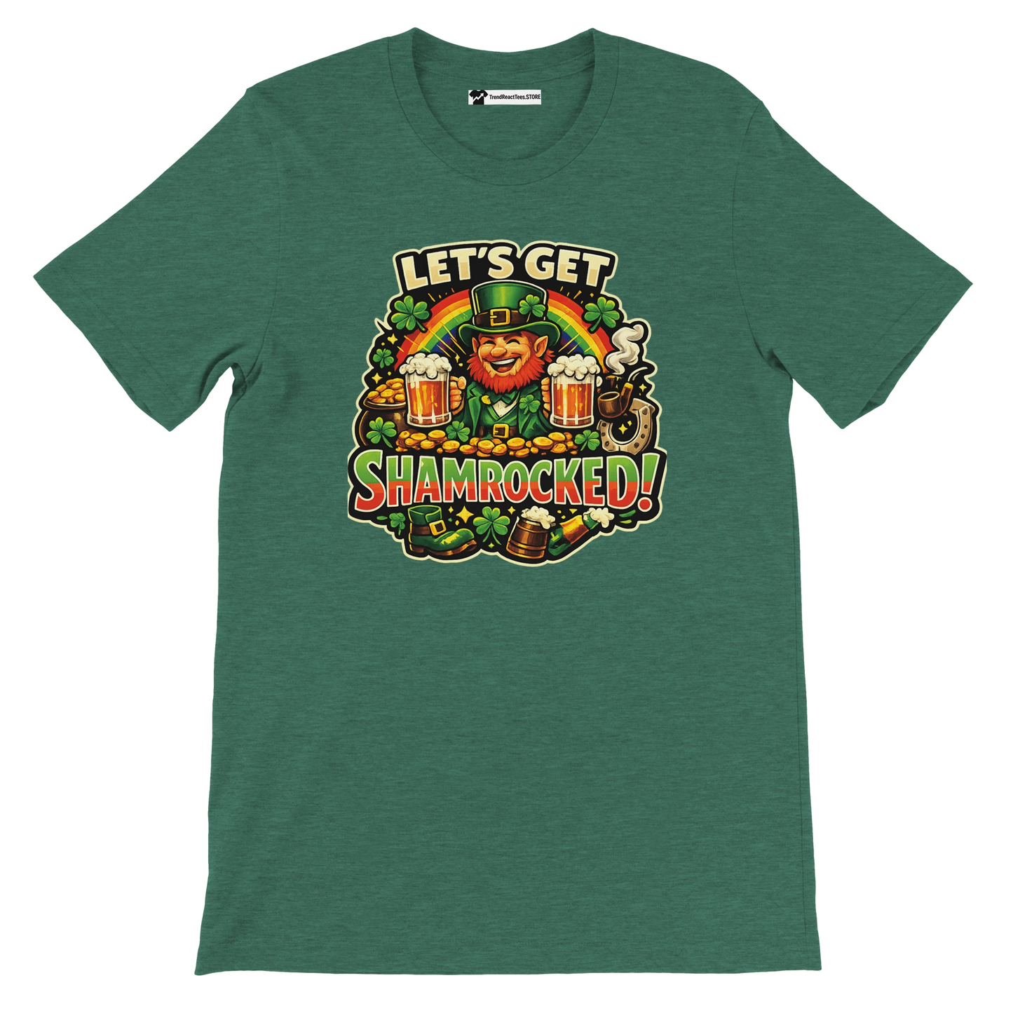 Green St. Patrick's Day tee with leprechaun, shamrocks, beer, and 'Let's Get Shamrocked!' graphic for festive holiday wear.