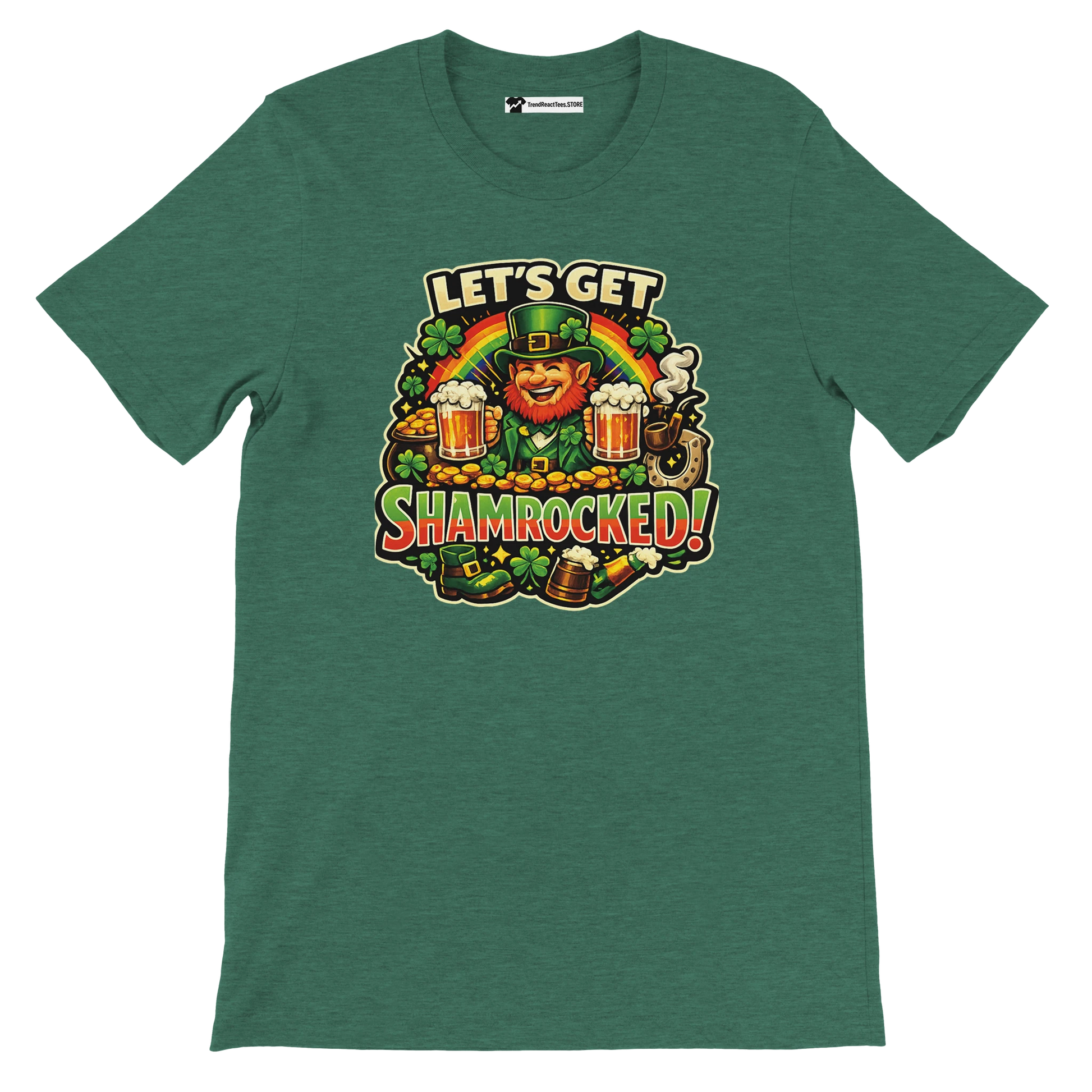 Green St. Patrick's Day tee with leprechaun, shamrocks, beer, and 'Let's Get Shamrocked!' graphic for festive holiday wear.