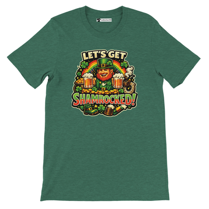 Green St. Patrick's Day tee with leprechaun, shamrocks, beer, and 'Let's Get Shamrocked!' graphic for festive holiday wear.