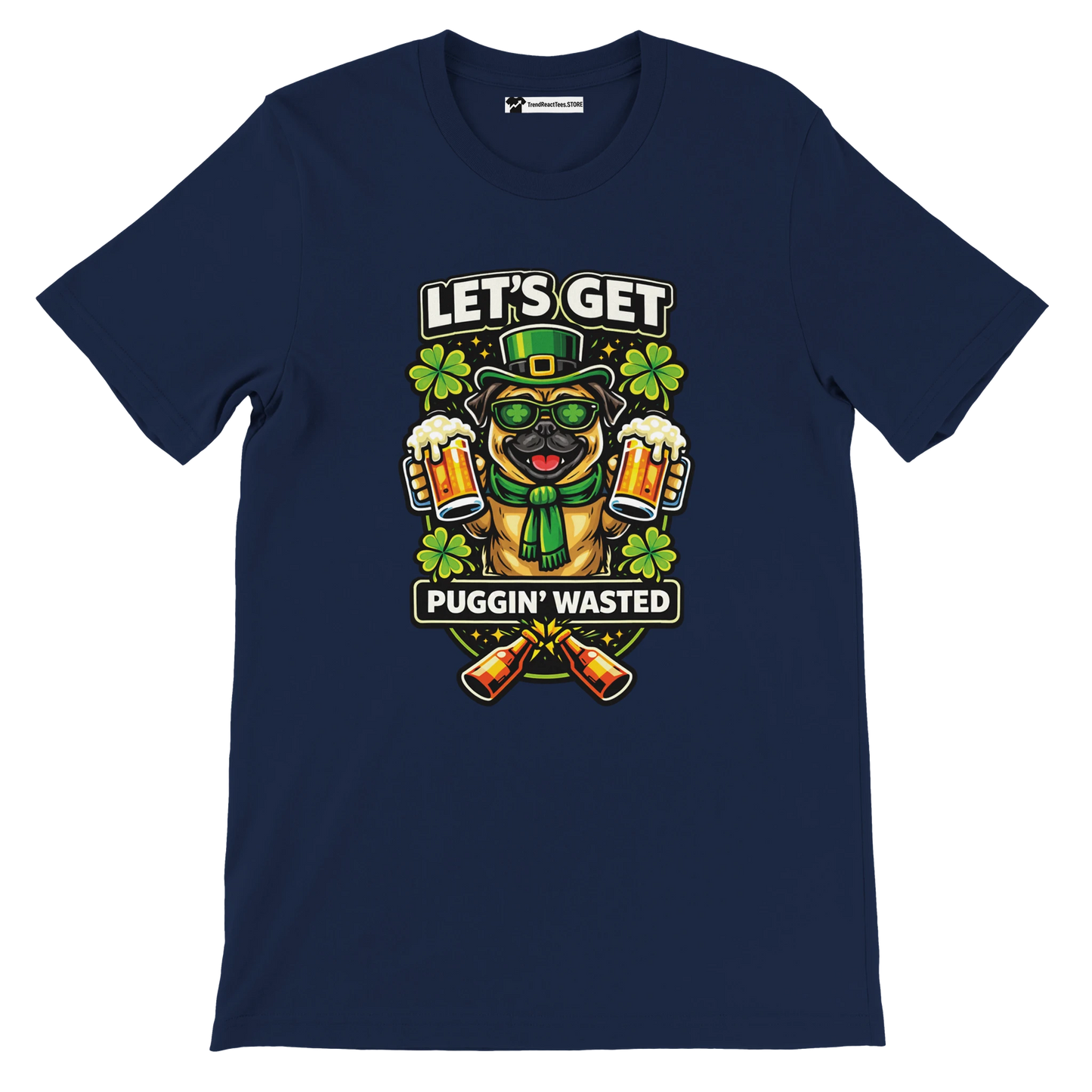 Navy blue St. Patrick’s Day t-shirt with cartoon pug, beer mugs, clovers, and festive quote.