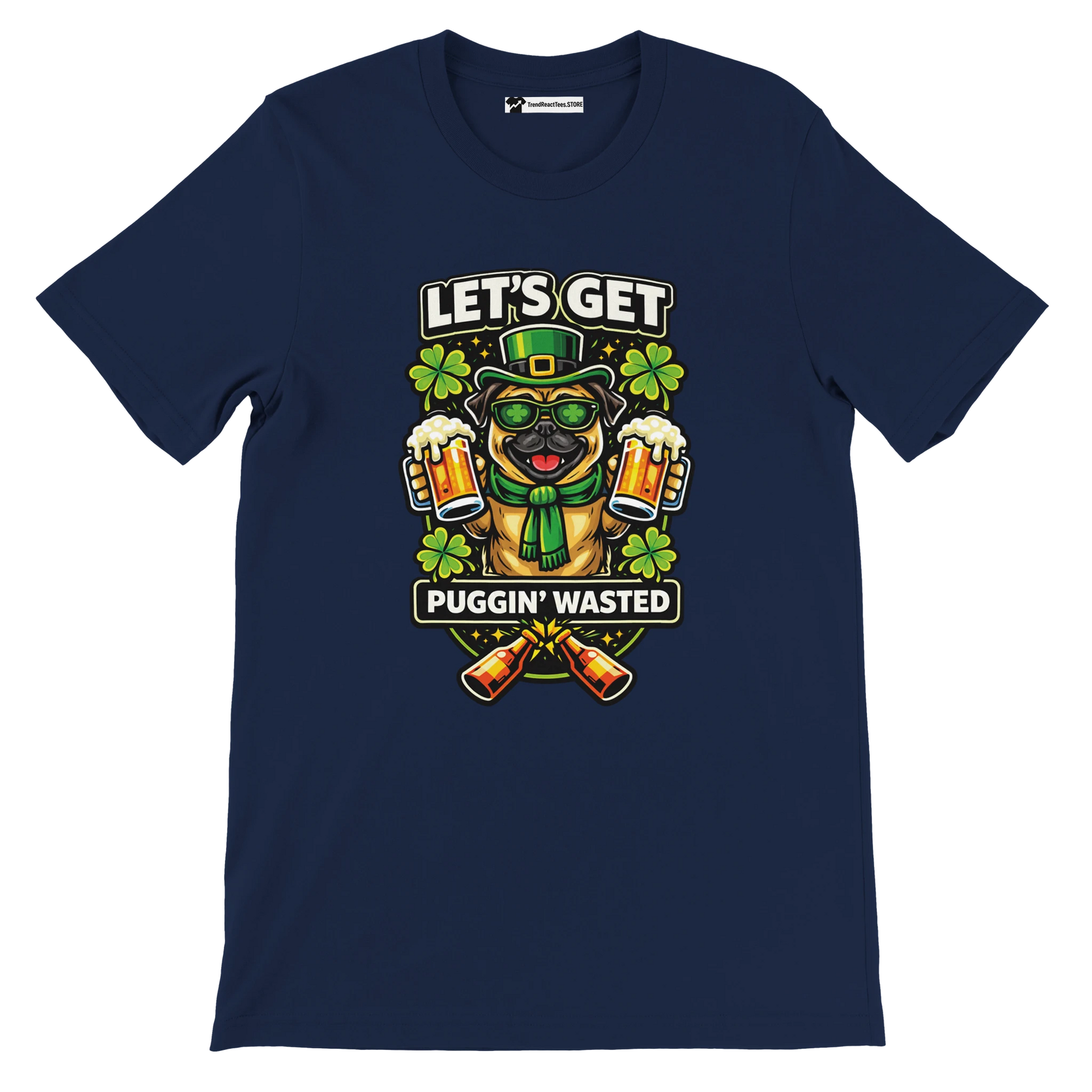 Navy blue St. Patrick’s Day t-shirt with cartoon pug, beer mugs, clovers, and festive quote.