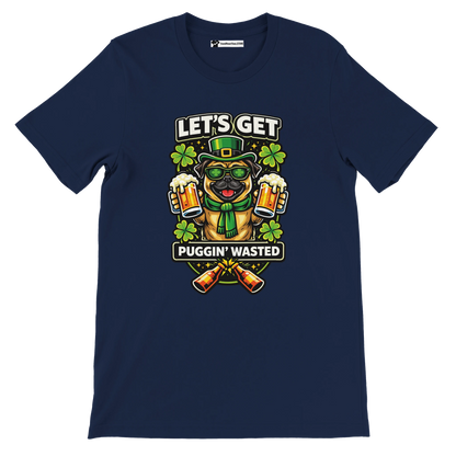 Navy blue St. Patrick’s Day t-shirt with cartoon pug, beer mugs, clovers, and festive quote.
