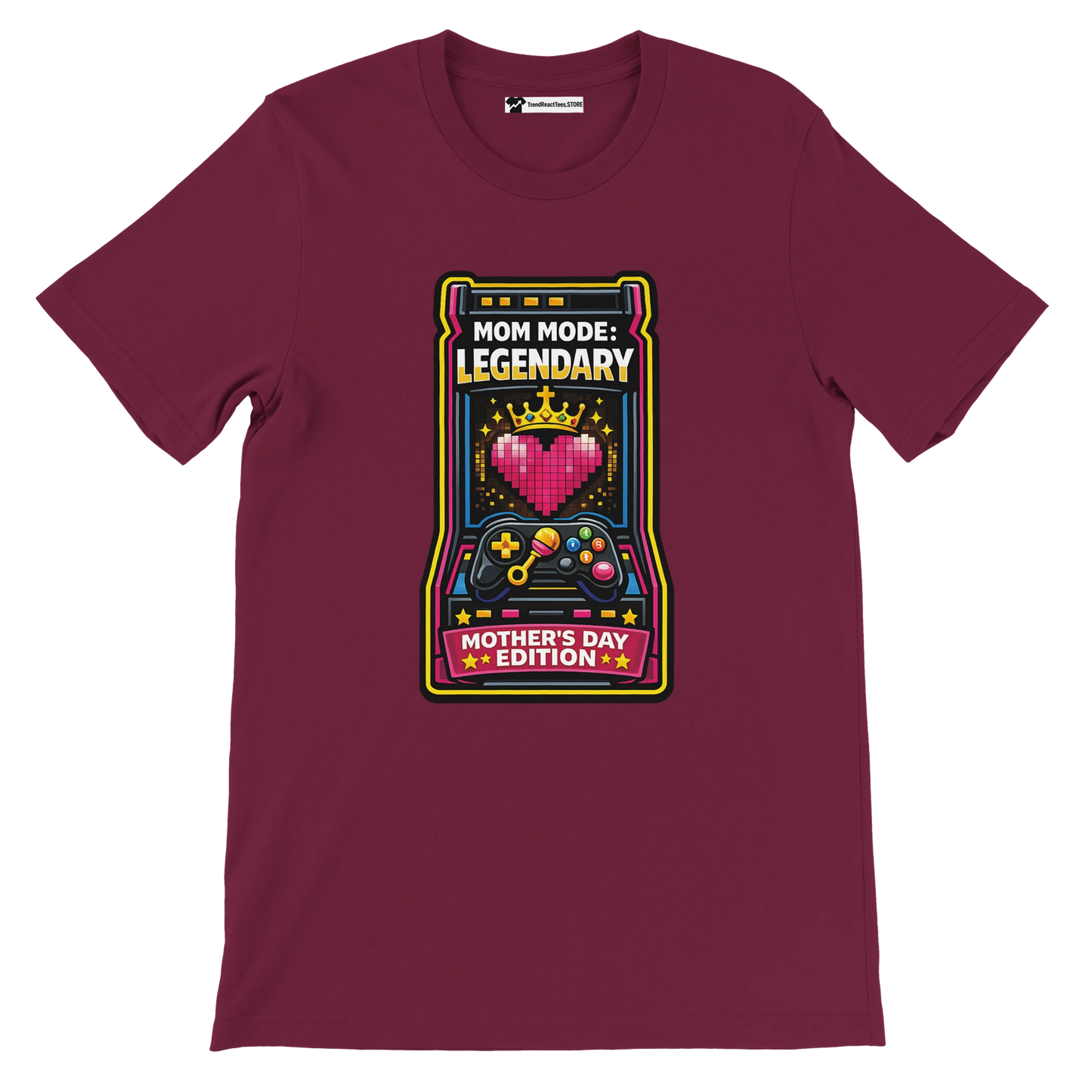 Burgundy anime gamer tee with pixel heart, crown, and Mother's Day quote graphic