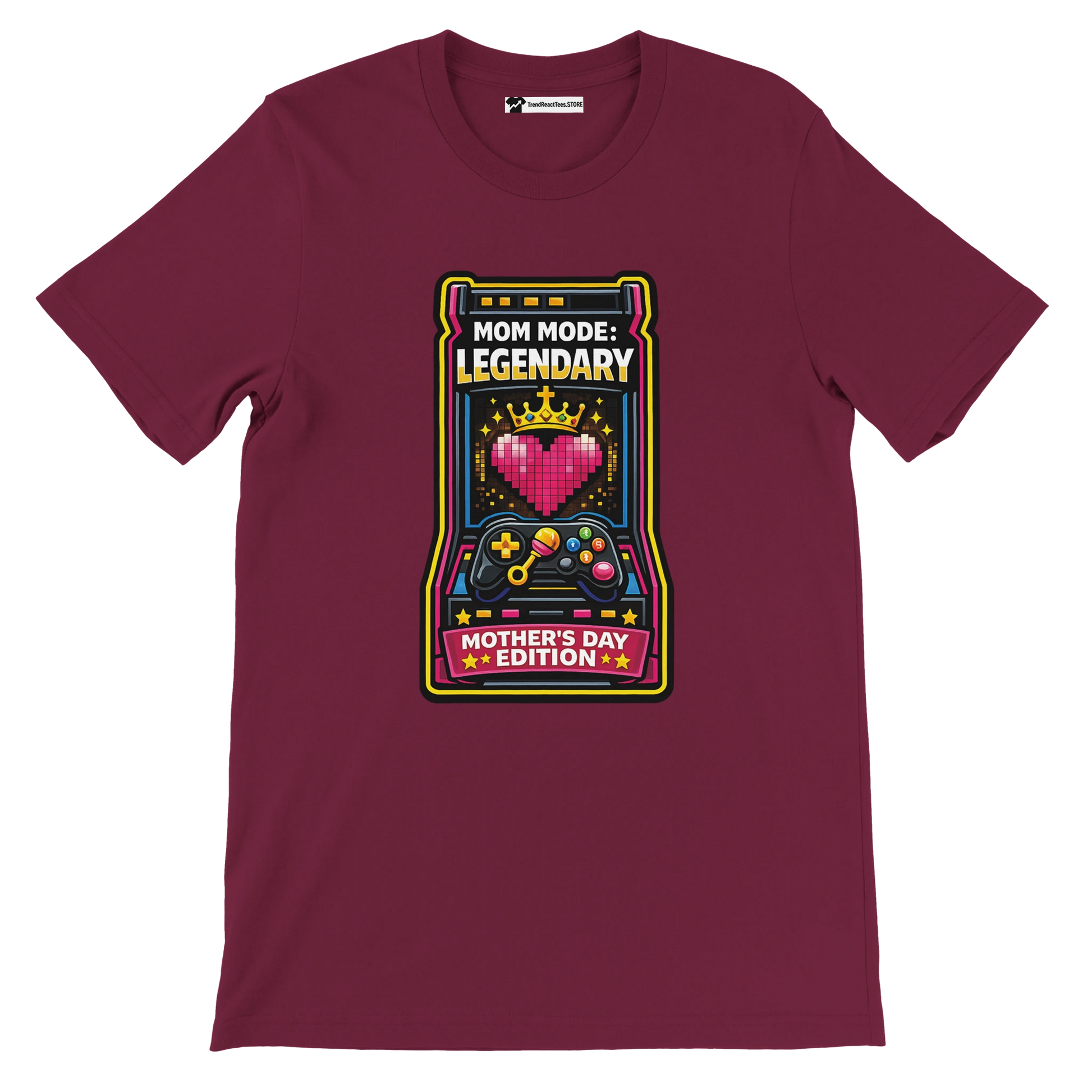 Burgundy anime gamer tee with pixel heart, crown, and Mother's Day quote graphic