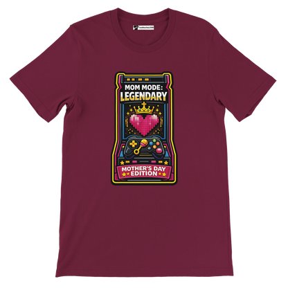 Burgundy anime gamer tee with pixel heart, crown, and Mother's Day quote graphic